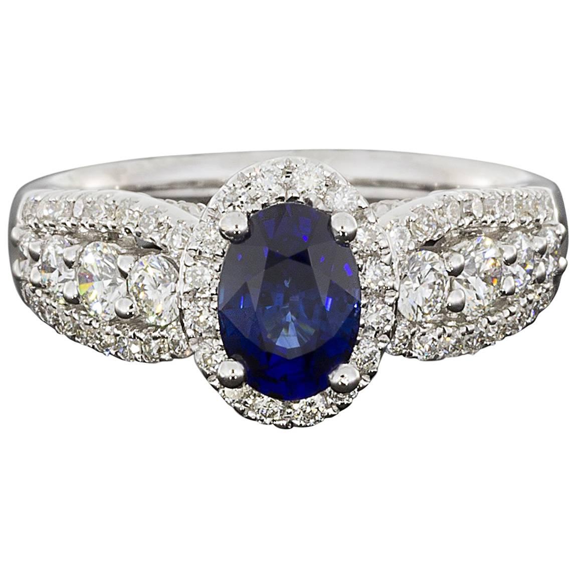  Oval Sapphire  Diamond 3 Row Halo Engagement Ring