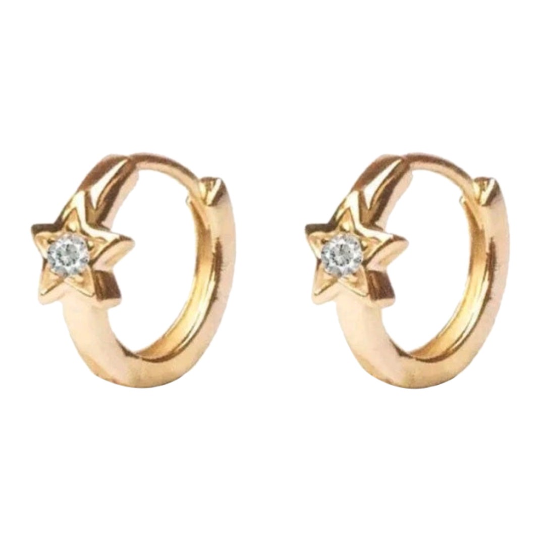Diamond Star Hoop Earrings 14K Solid Gold Mini Hoop Earring Christmas Gift.