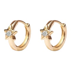 Diamond Star Hoop Earrings 14K Solid Gold Mini Hoop Earring Christmas Gift.