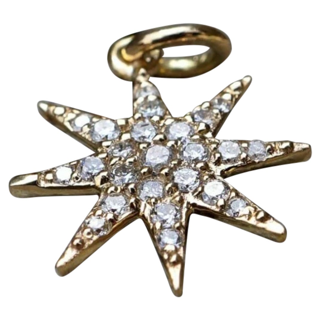 Diamond Starburst Pendant 14k Solid Gold Star Charm Pendant Birthday Gift Charm
