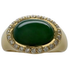 GIA Certified Oval Untreated Jadeite Jade & Diamond 18k Yellow Gold Signet Ring