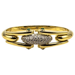 Art Deco Style White Brilliant Cut Diamond Emerald Yellow Gold Clamper Bracelet