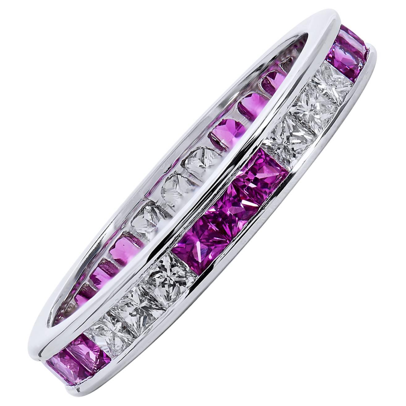  Princess Cut Pink Sapphire and Diamond Band Ring