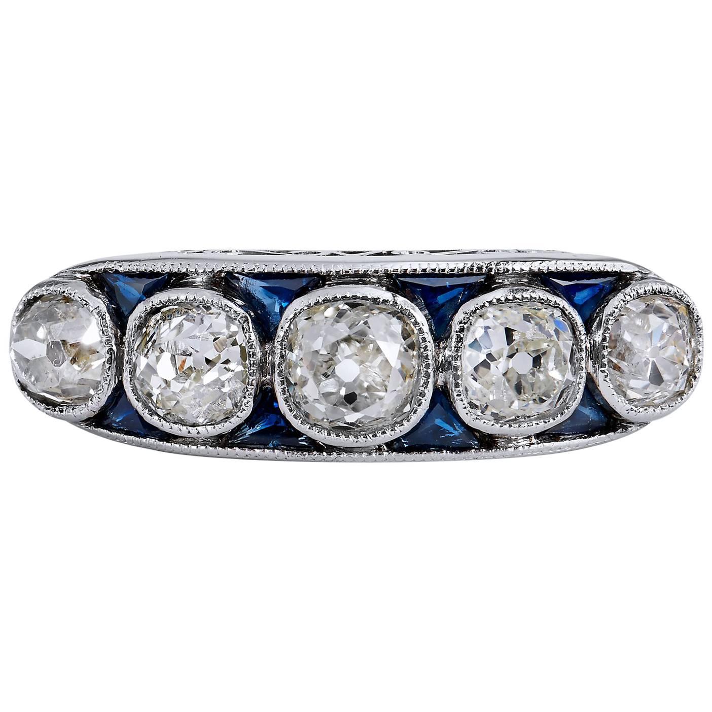 Art Deco Inspired 2.40 Carat Old Mine Cut Diamond Sapphire Platinum Band Ring
