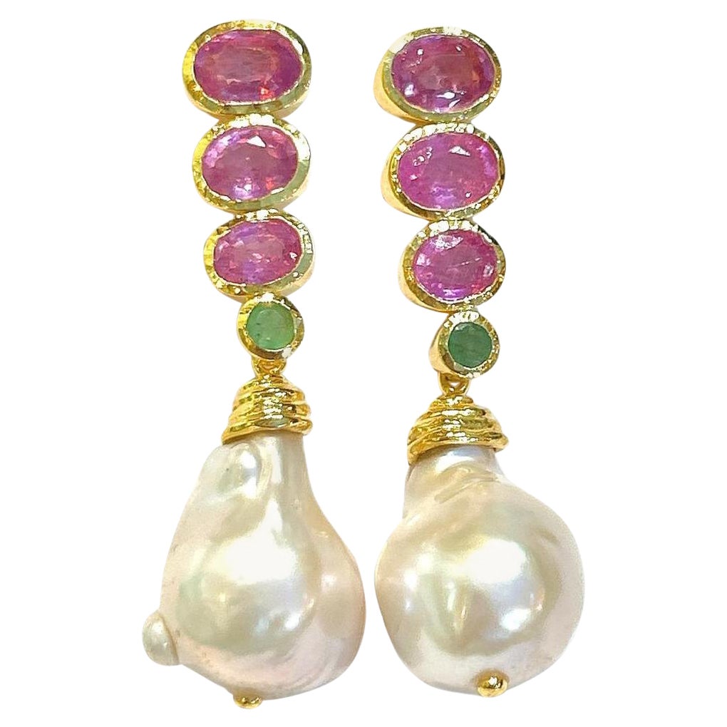 Bochic “Orient” Pearl, Red Ruby & Green Emerald Earrings Set 18K Gold&Silver