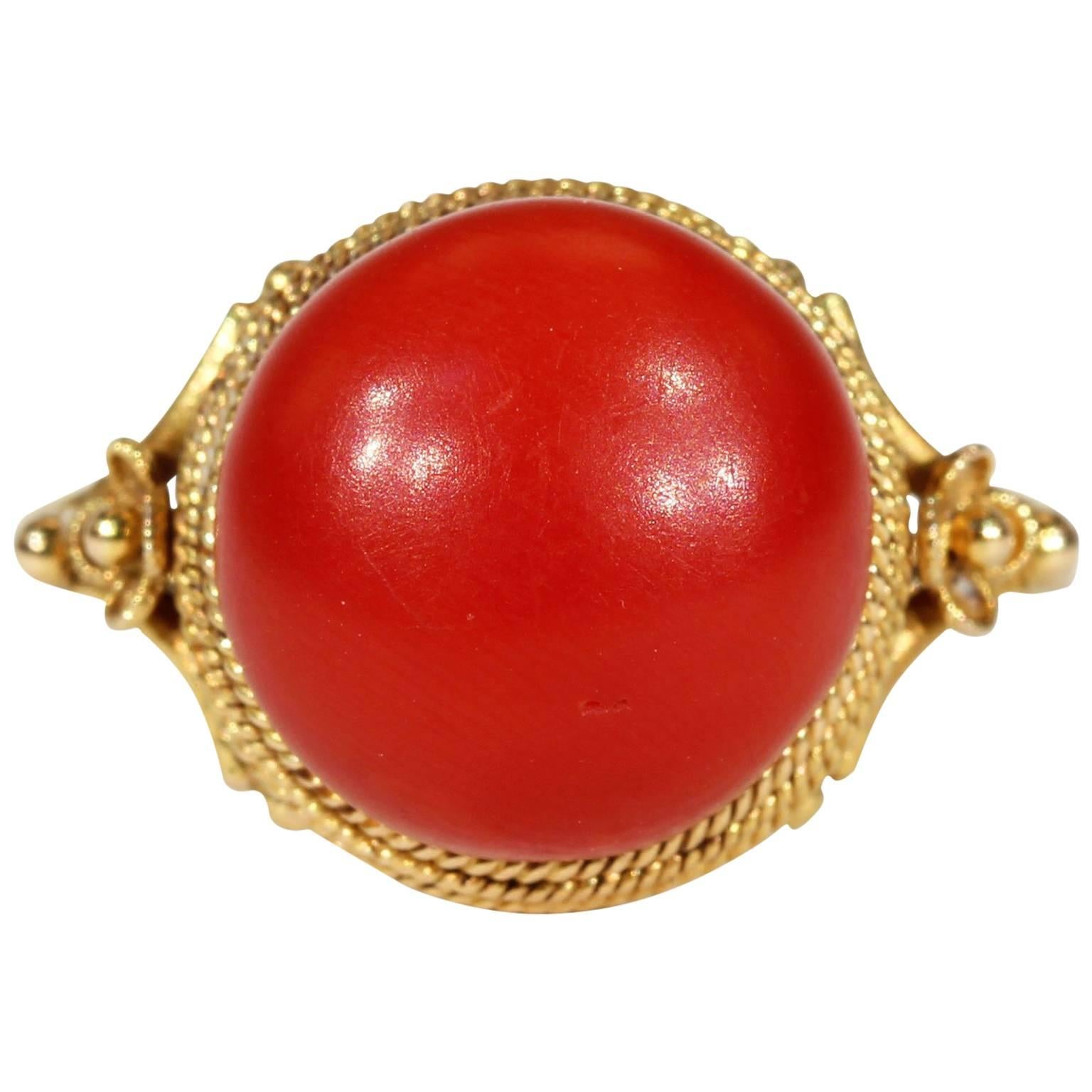 Antique Victorian Etruscan Revival Red Coral Gold Ring  For Sale
