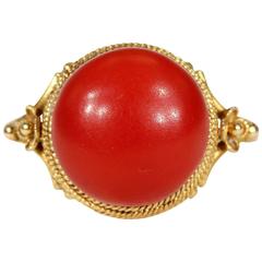 Antique Victorian Etruscan Revival Red Coral Gold Ring 