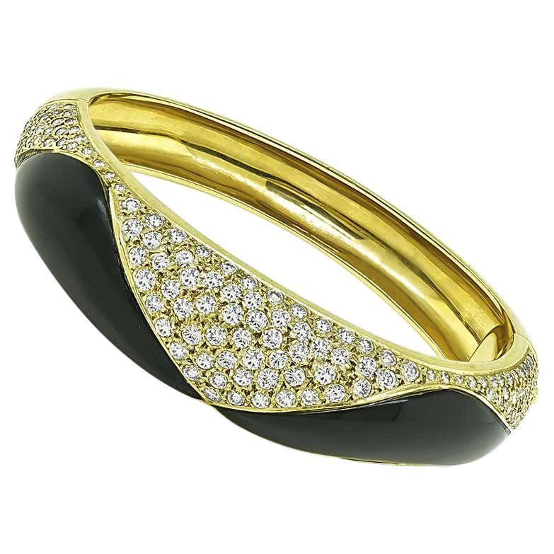 Large Bangle 1980s Diamond Onyx 18 Karat Gold Large Wide Bangle Bracelet For Sale at ...