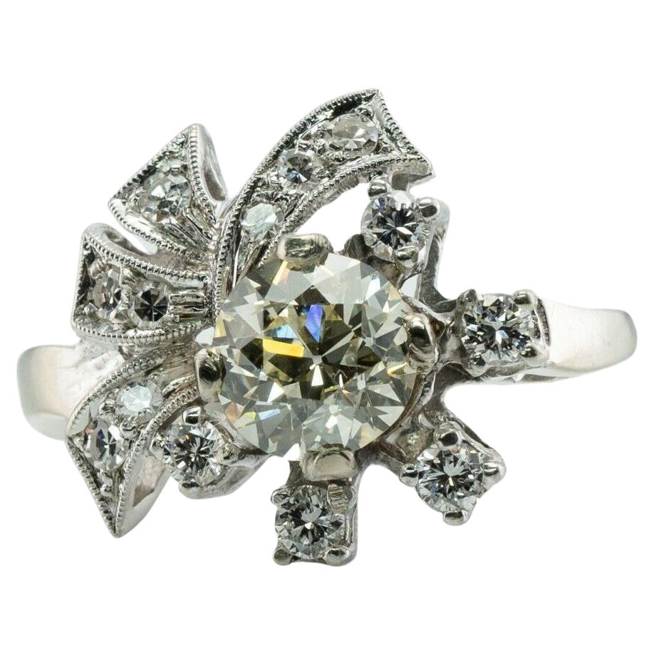 Diamond Ring Old European 1.50 Cts Center 14K White Gold 1.92 TDW