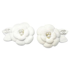 Chanel Classic Silver CC Ivory Camellia Flower Clip on Earrings