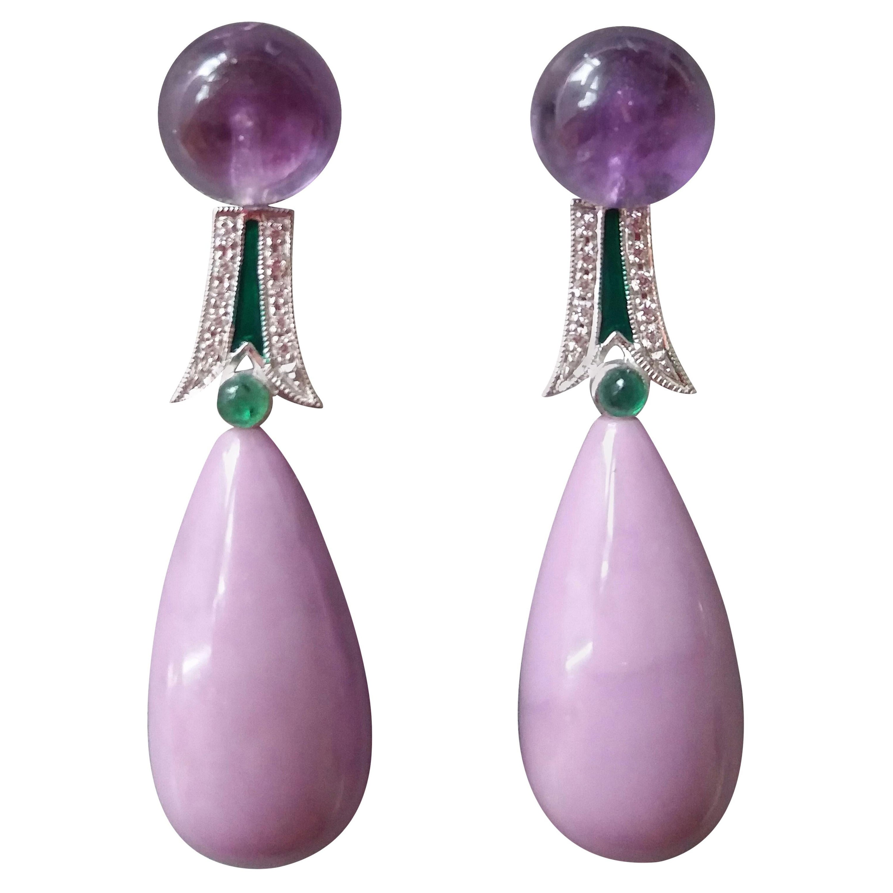 Art Deco Style Amethyst Phosphosiderite Emerald Enamel Gold Diamonds Earrings
