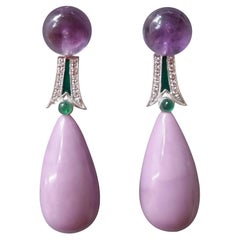 Art Deco Style Amethyst Phosphosiderite Emerald Enamel Gold Diamonds Earrings