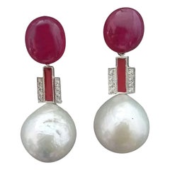 White Baroque Pearls Ruby Cabs White Gold Diamonds Red Enamel Earrings