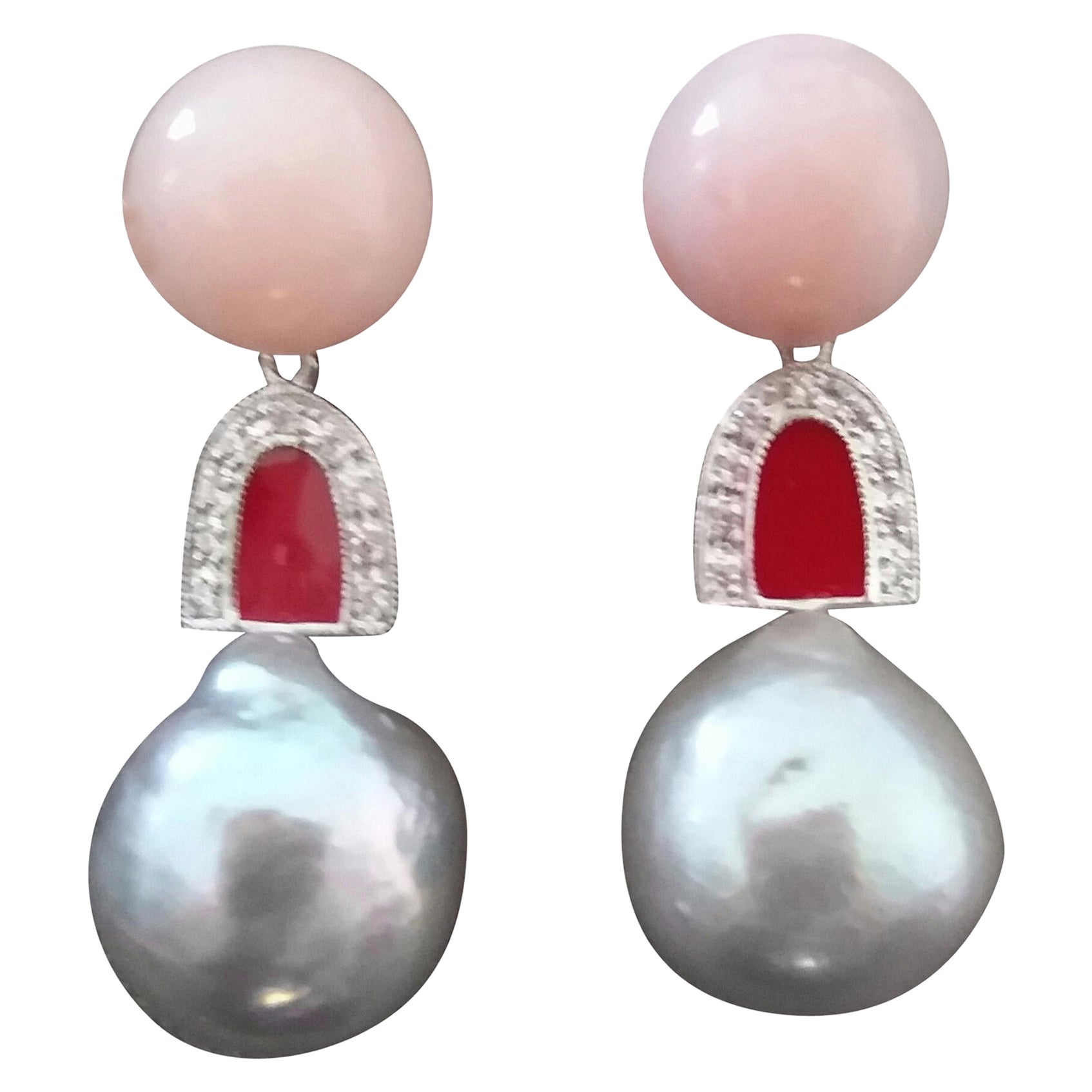 Perlas Barrocas Color Gris Natural Ópalo Rosa Diamantes de Oro Pendientes de Esmalte Rojo
