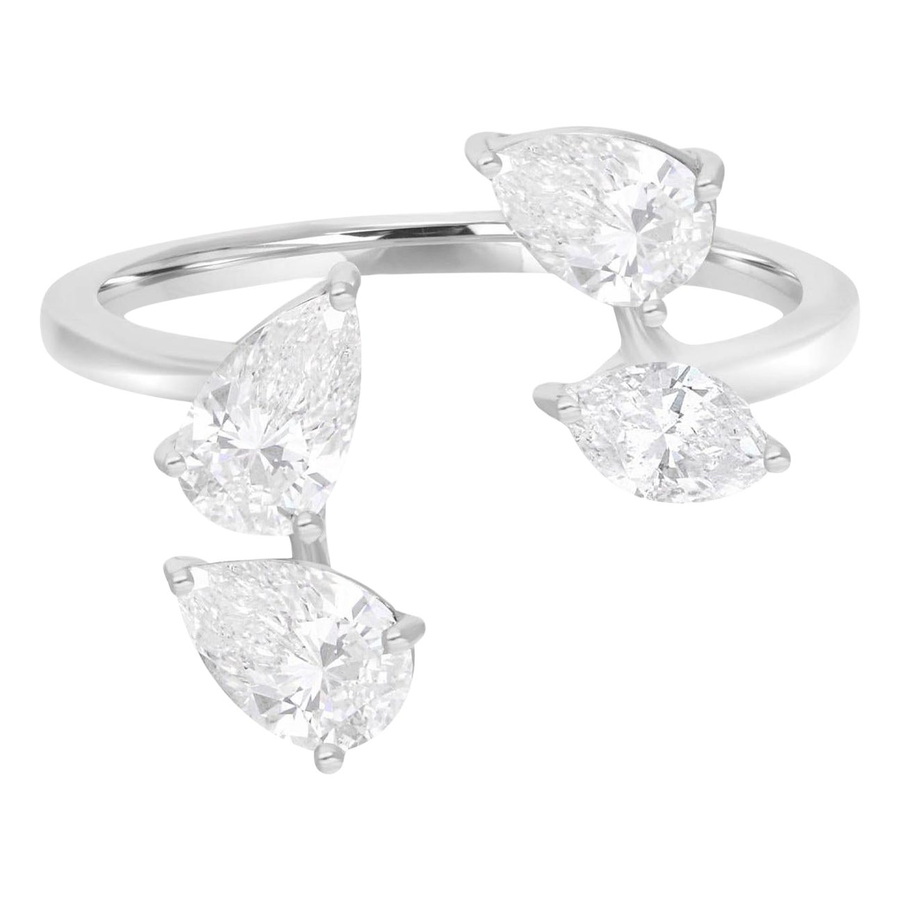 Anillo Puño Diamante Natural Forma Pera Oro Blanco 14 Kilates Joyería Fina Hecha a Mano