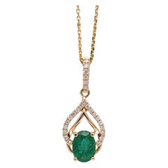 Emerald Pendant w Earth Mined Diamonds in Solid 14K Yellow Gold Oval 7x5mm