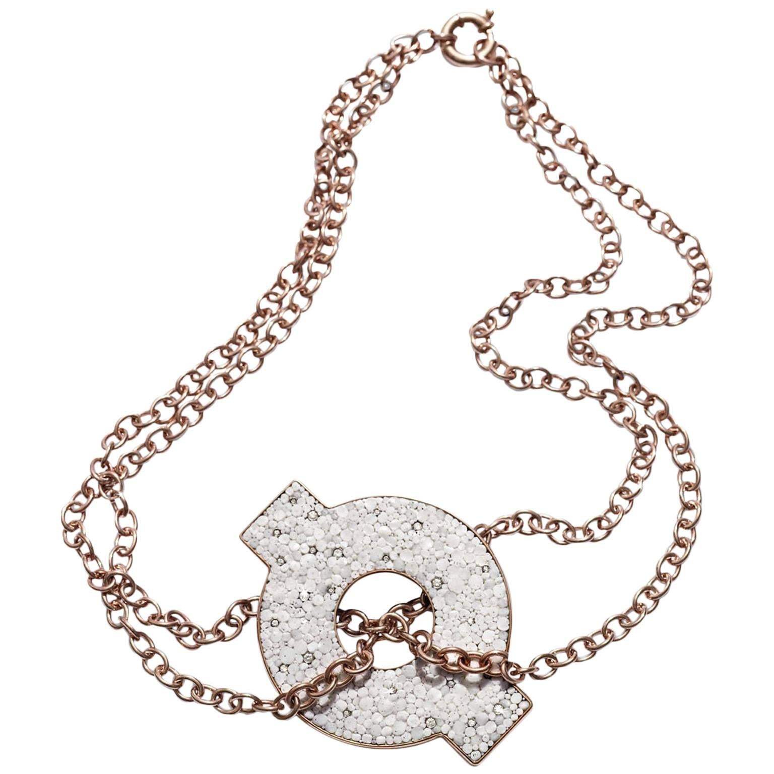 Stylish Necklace Rose Gold White Diamond Silver hand Decorated with Micromosaic For Sale