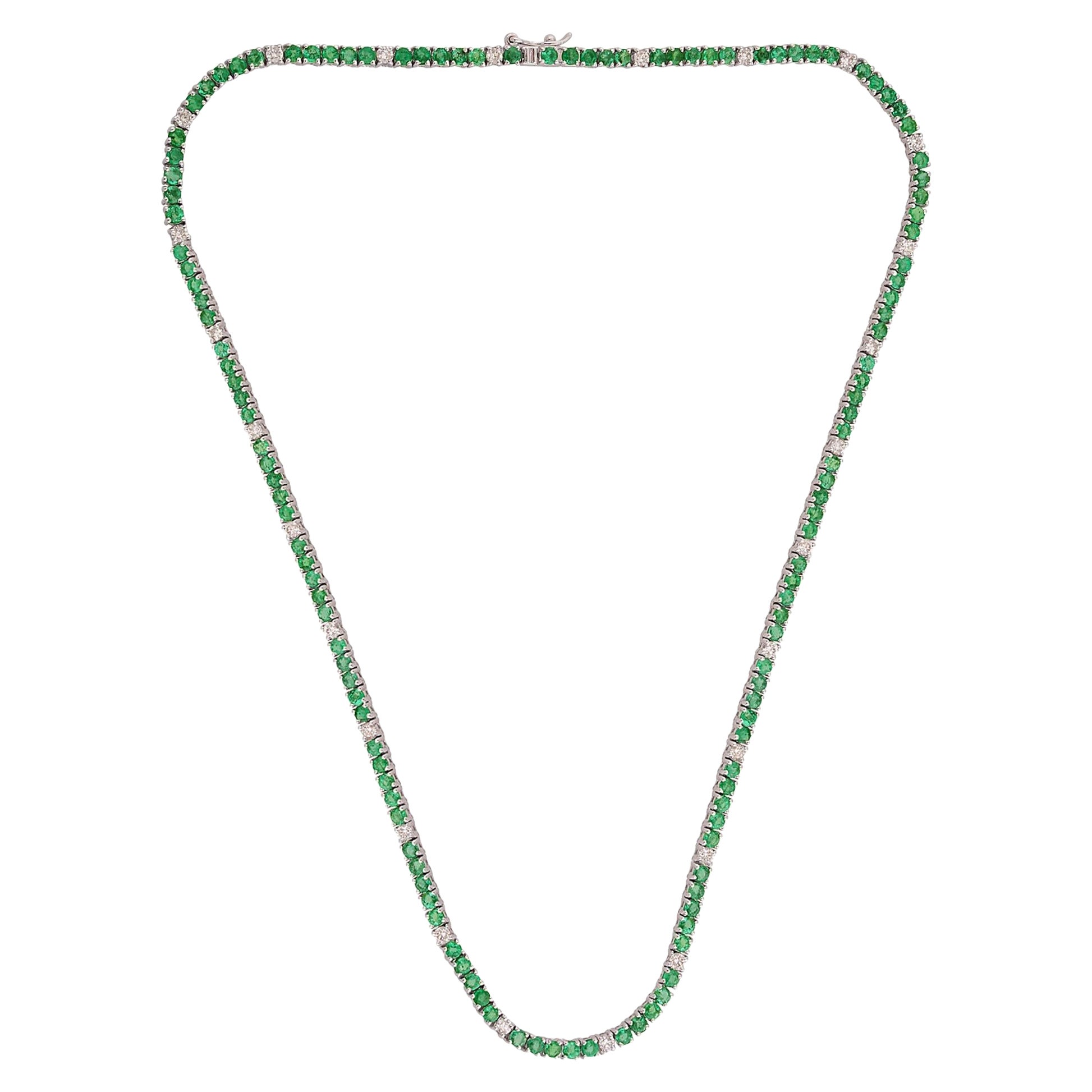Natural Zambian Emerald Chain 10 Karat White Gold SI/H Round Diamond Jewelry