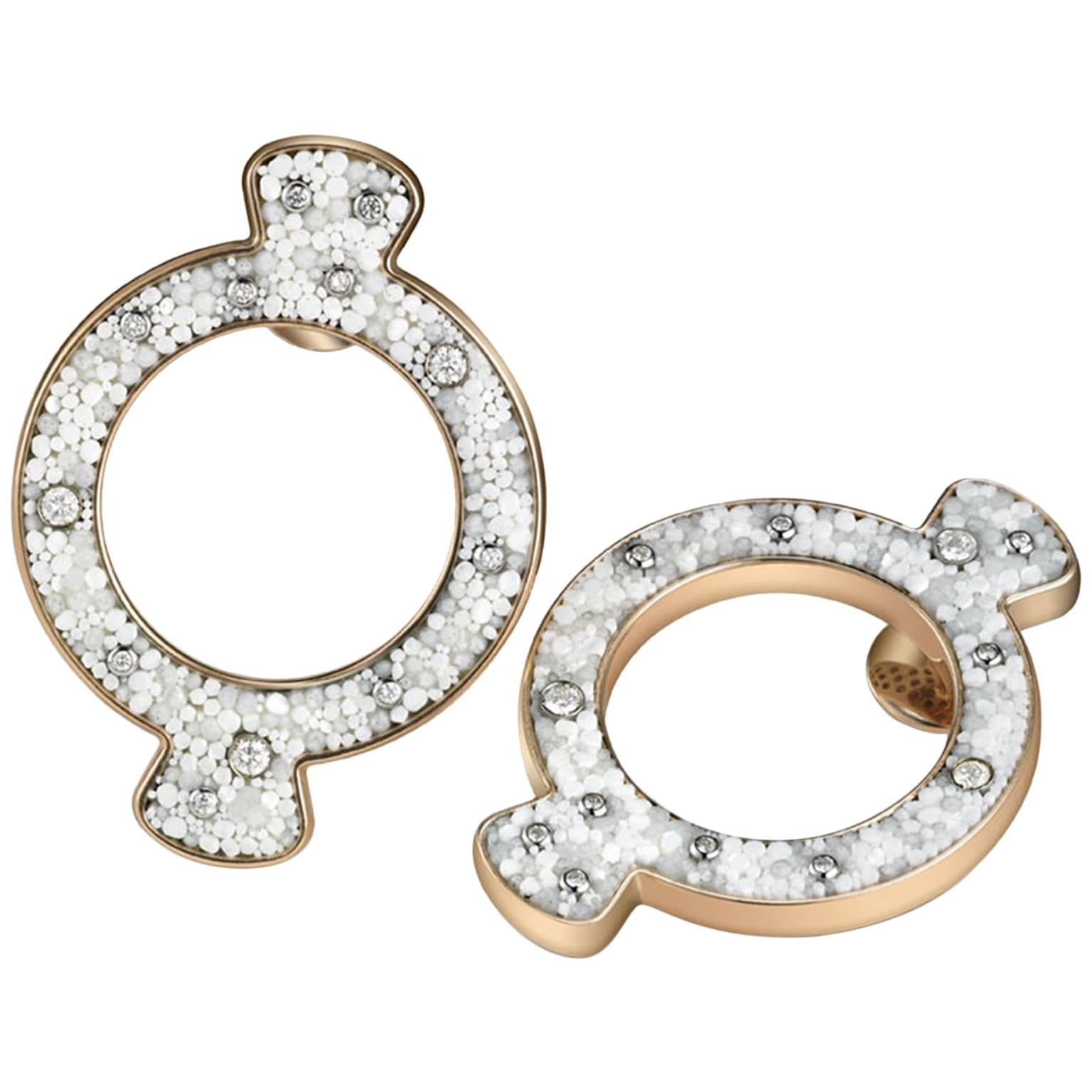 Stylish Earring Rose Gold & Silver White Diamon Hand Decorated with Micromosaic  For Sale