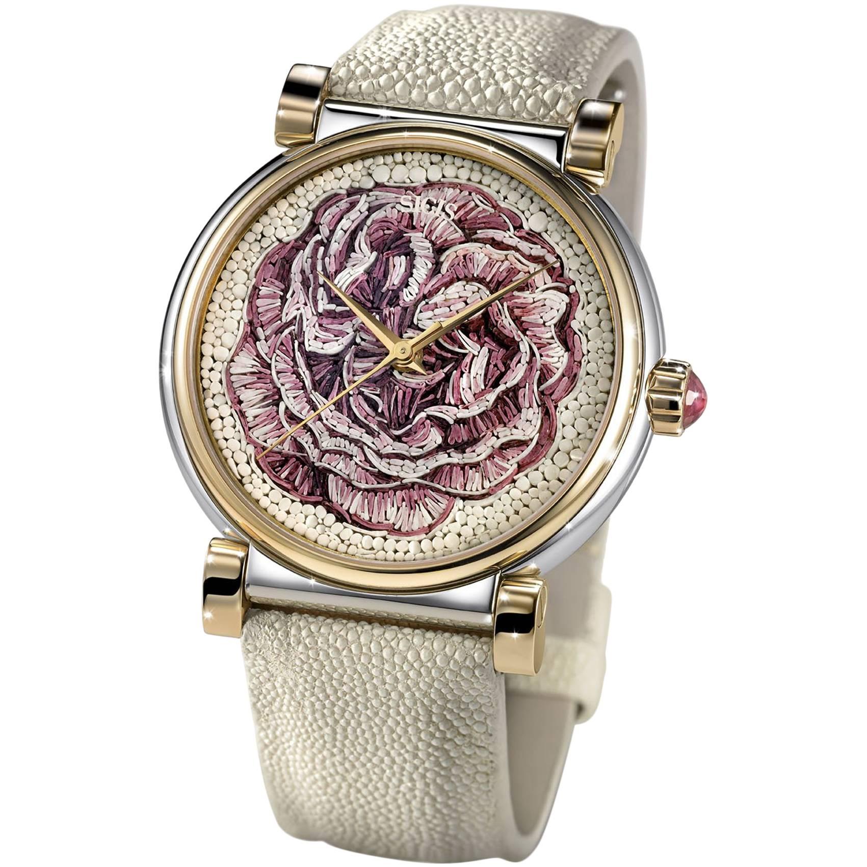 Stylish Watch Stainless Steel Rose Gold Sapphires Hand Decorated Micromosaic  For Sale