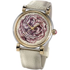 Montre élégante en acier inoxydable, or rose, saphirs et micro-mosaïque décorée à la main 