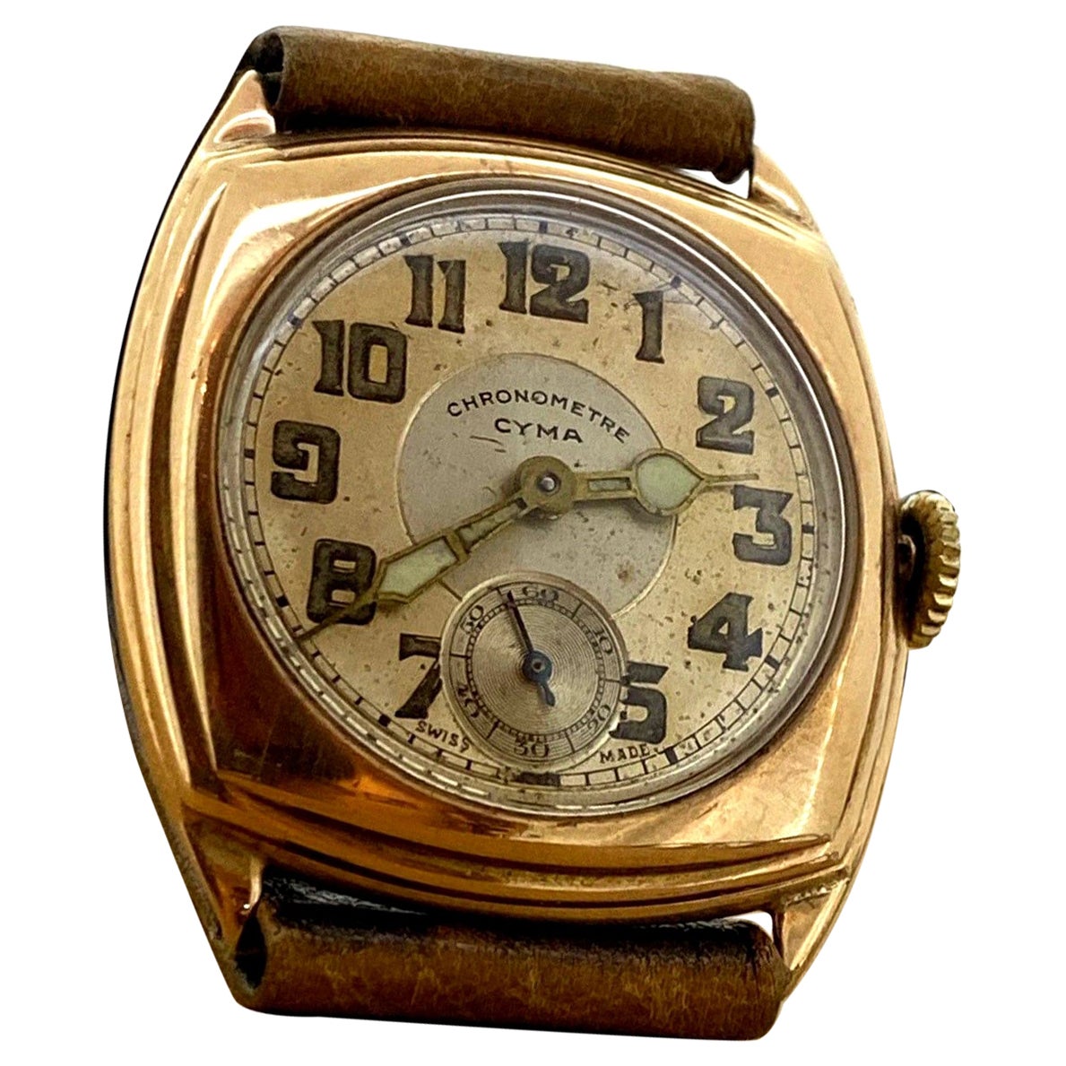 Rare Art-Deco c1928 Cyma Chronometre Manual 9K Rose Gold Cushion Case Watch
