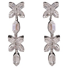 Natural 0.80 Carat Baguette & Round Diamond Dangle Earrings 14 Karat White Gold