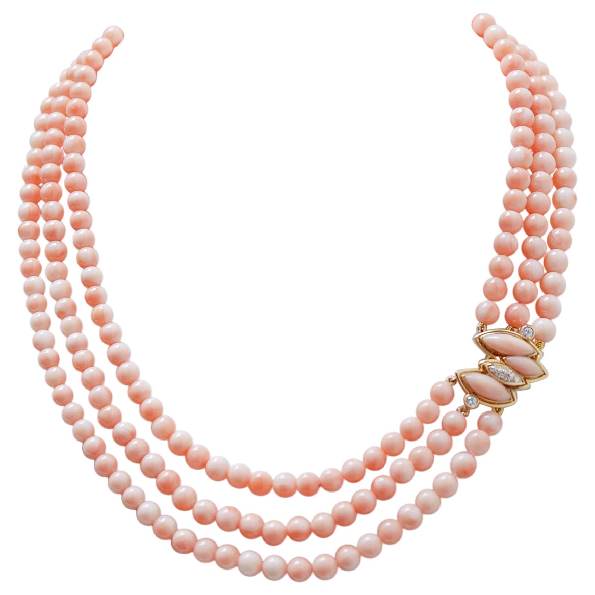 Coral, Diamonds, 18 Karat Yellow Gold Necklace.