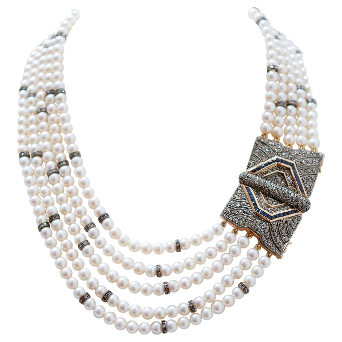 Pearls, Sapphires, Diamonds, 14 Karat Rose Gold and Silver Necklace.