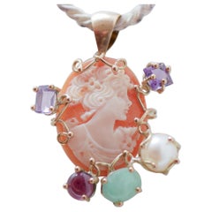 Cameo, Amethysts, Pearl, Garnets, Rose Gold Pendant Necklace.