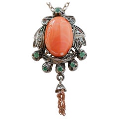 Coral, Emeralds, Diamonds, Rose Gold and Silver Pendant.