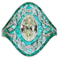 Vintage Emerald  Yellow Diamond Platinum Ring