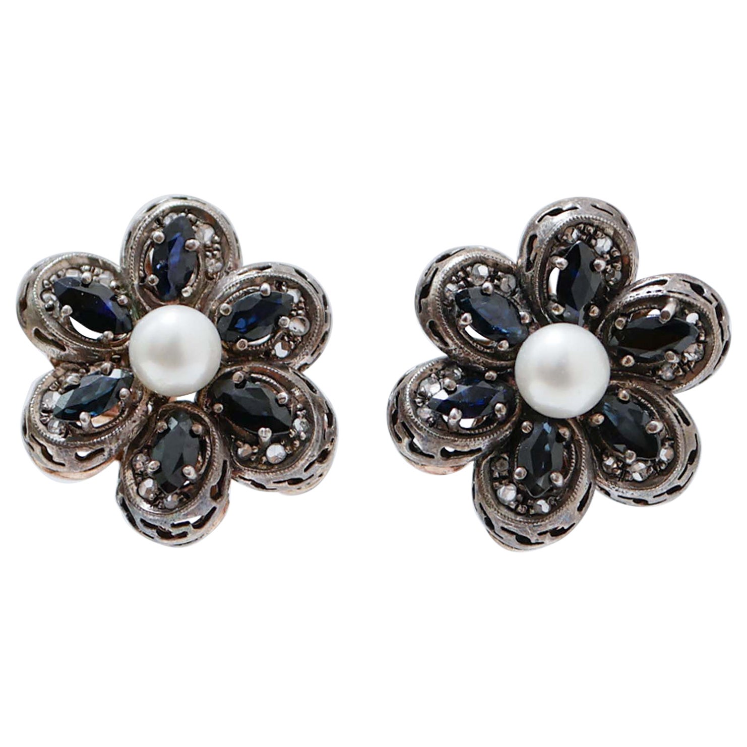Diamonds, Blue Sapphires, Pearls, 14 Karat Rose Gold and Silver Retro Earrings