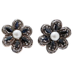 Retro-Ohrringe aus 14 Karat Roségold und Silber mit Diamanten, blauen Saphiren, Perlen