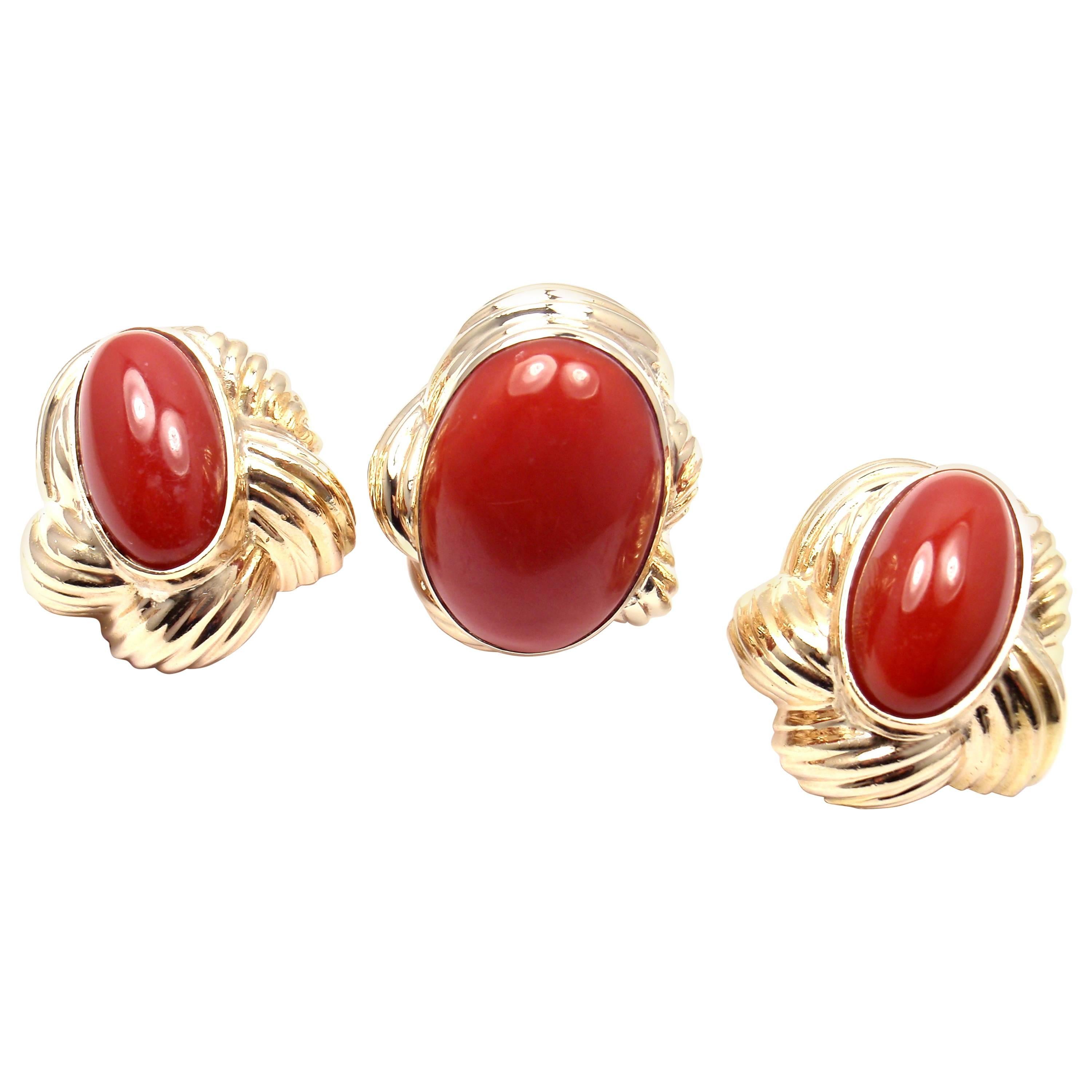 Ox Blood Coral Gold Ring And Earrings Set