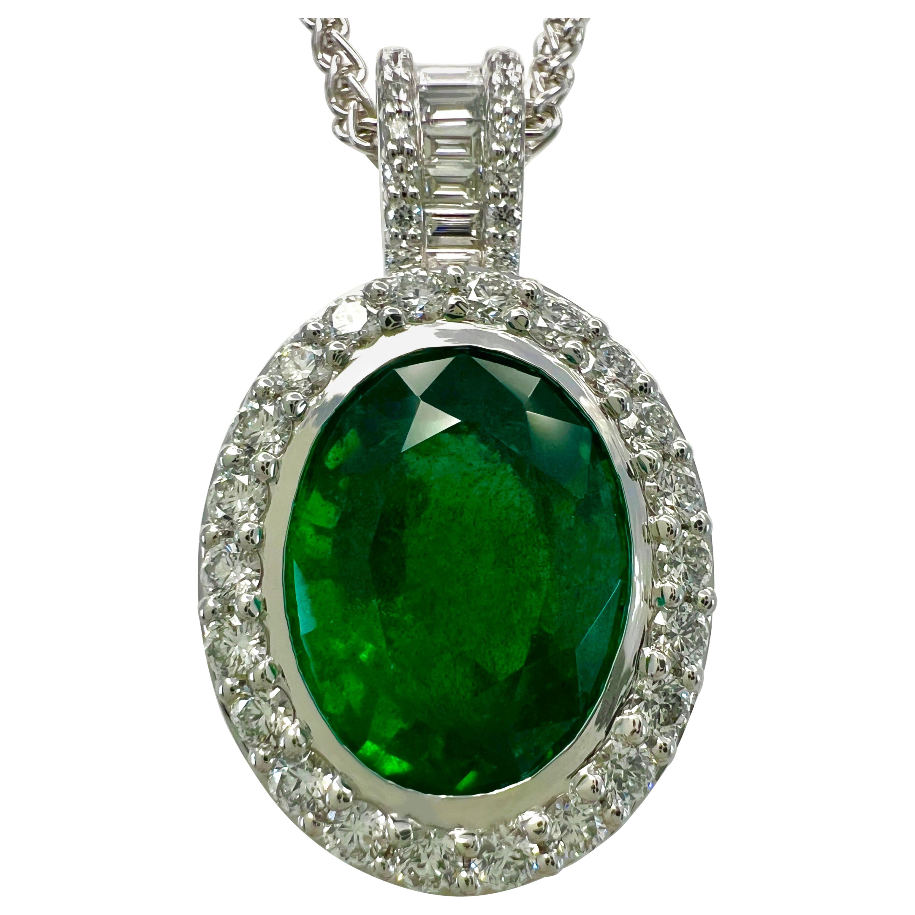 6.06ct GIA Certified Oval Cut Emerald & Diamond 18k White Gold Pendant Necklace