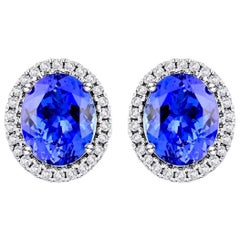 6 Carat Oval Tanzanite &  2 ct Diamond  Earring 14 Karat White Gold  earring