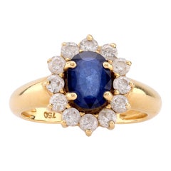 Vintage French Sapphire Diamond 18K Yellow Gold Cluster Ring