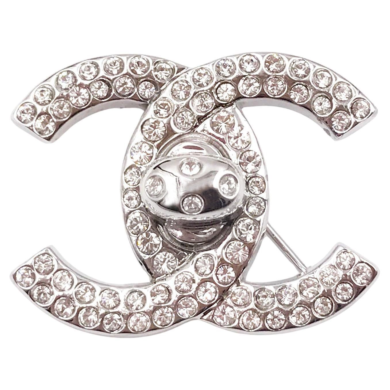 Chanel Seltene Vintage Silber CC Kristall Turnlock Brosche
