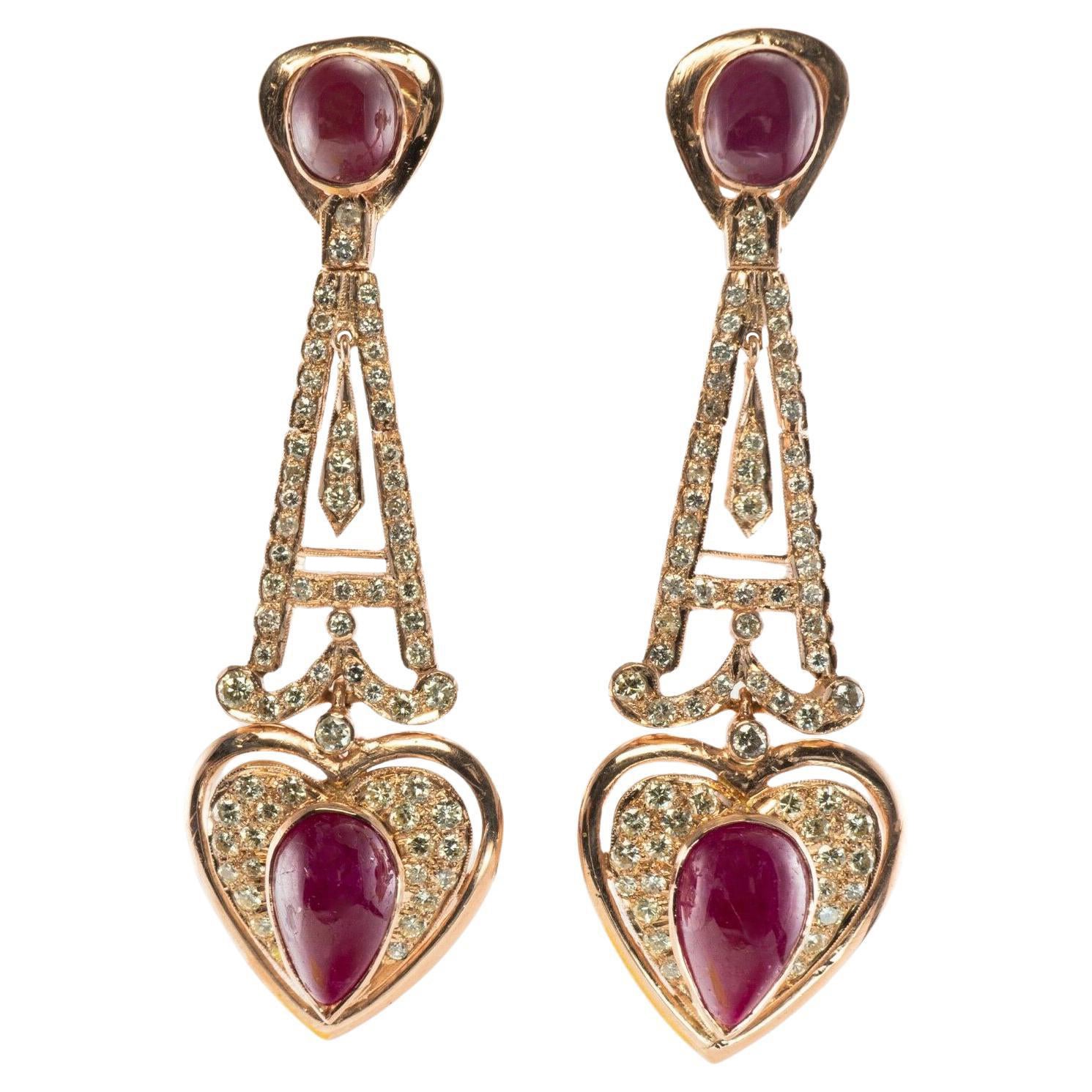Pendientes Corazón Diamante Rubí Oro Rosa 18K Colgantes