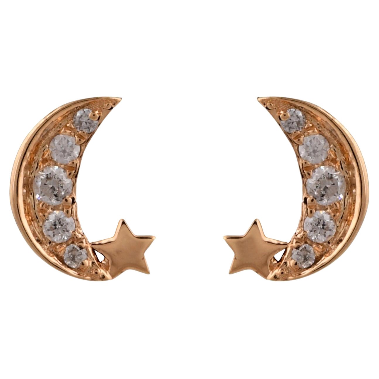 Natural 0.13 Carat Diamond Star Moon Stud Earrings 14 Karat Yellow Gold Jewelry