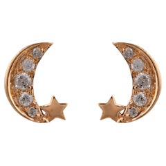 Natural 0.13 Carat Diamond Star Moon Stud Earrings 14 Karat Yellow Gold Jewelry