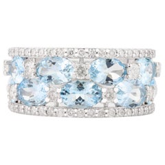 März Geburtsstein Aquamarin Diamanten Cocktail-Hochzeitsring aus 14k Weißgold