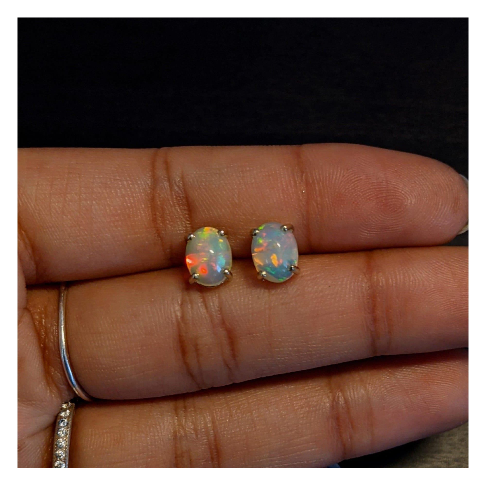 Natural Ethiopian Opal Solitaire Stud Earrings in Solid 14k Gold Oval 8x6mm