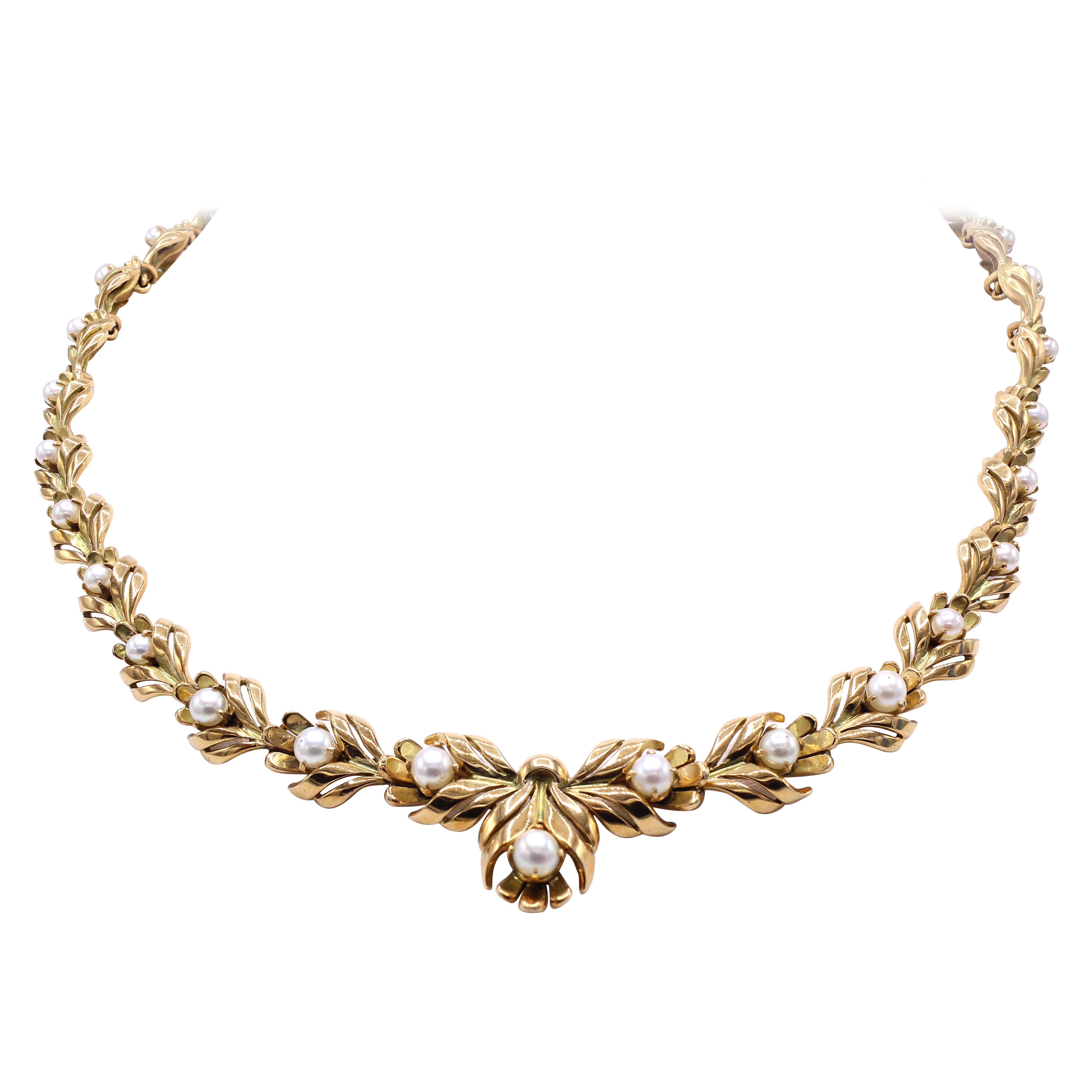 Collar Retro Francés de Perlas de Oro Amarillo de 18 Kilates