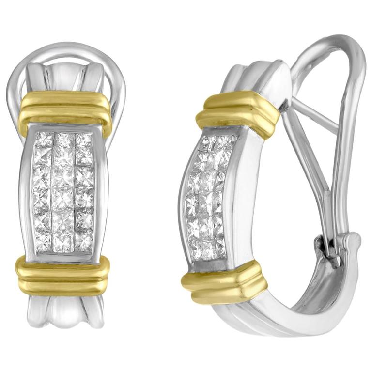 Princess Cut 2.00 Carat Diamond Two Tone Gold Half Huggie Earrings For