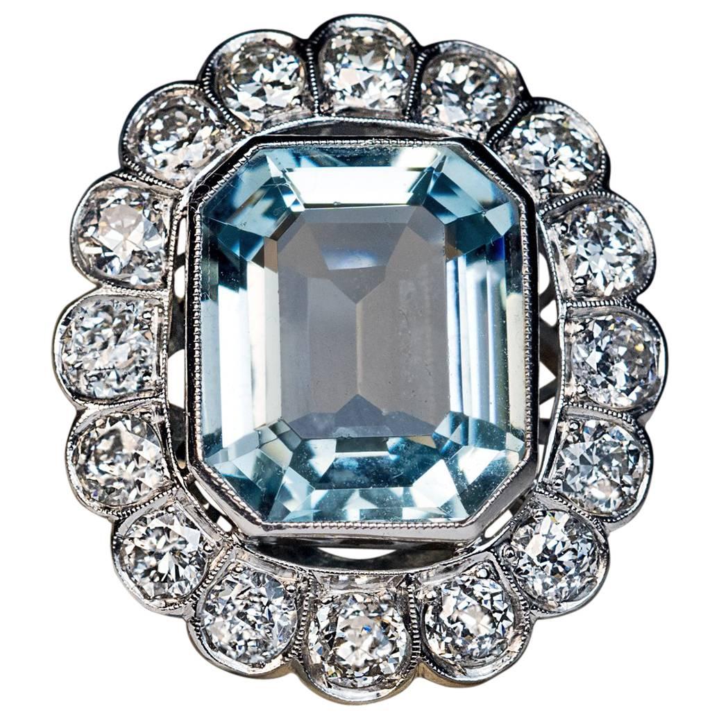 1920s Aquamarine Diamond Platinum Cluster Ring