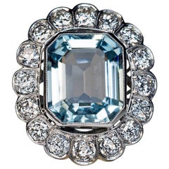 Antique 1920s Aquamarine Diamond Platinum Cluster Ring