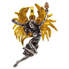 Halskette mit Anhänger aus Sterlingsilber und Gelbgold im Jugendstil, handgefertigt