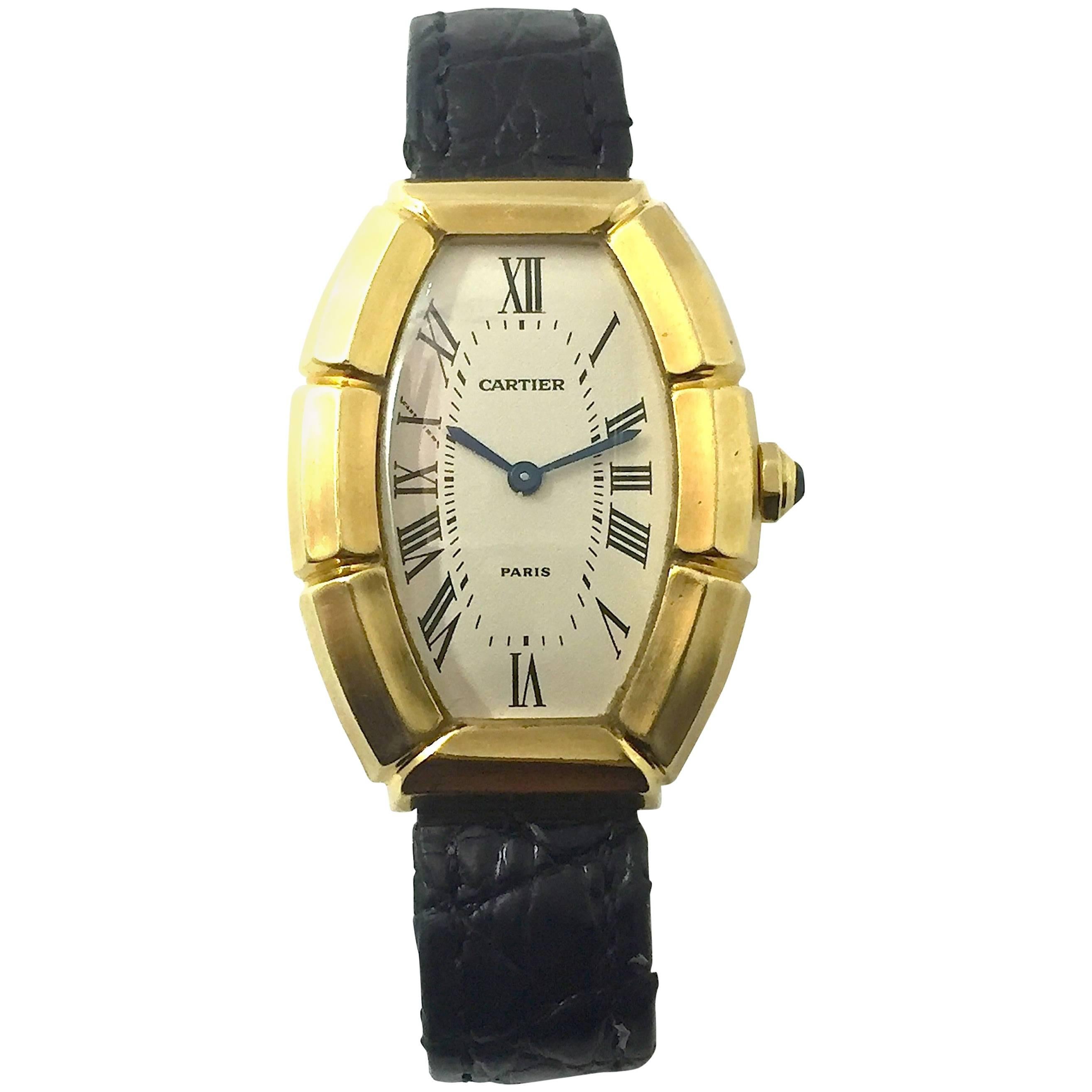 Cartier Paris  Tonneau Shape Yellow Gold  Automatic Wristwatch